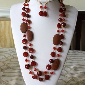 Red lucite bead long necklace earring set